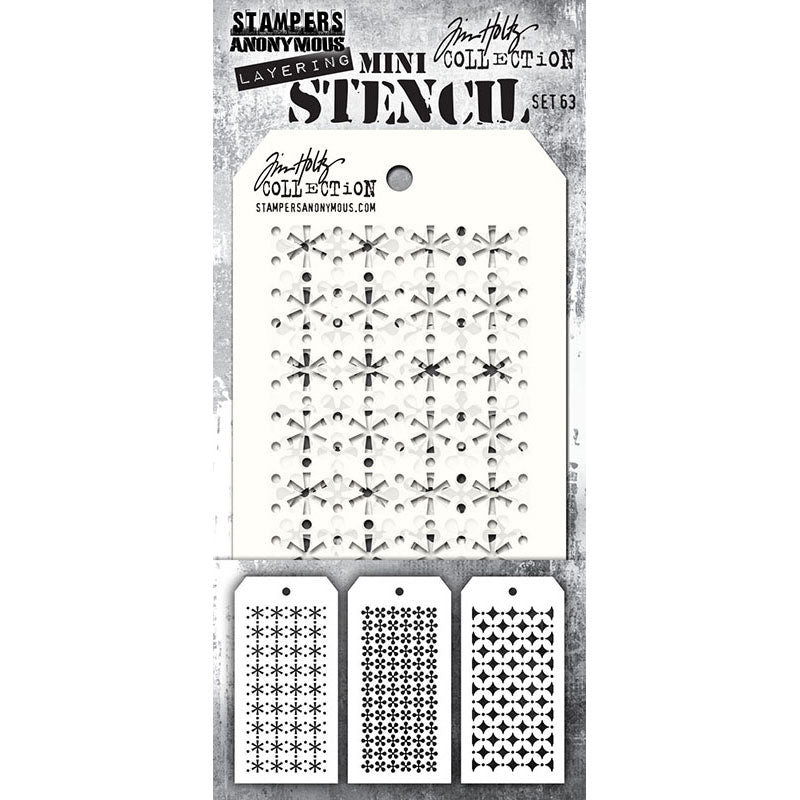 Set 63 - Mini Layering Stencils by Tim Holtz and Stampers Anonymous ... 3 (three) designs (one of each) : Retro Snowflake, Retro Diamond, Retro Pinwheel - Use to create patterns and textures to all kinds of mixed media, visual arts and paper crafts. Overall tag size is 8cm x 16cm  (THMS063).