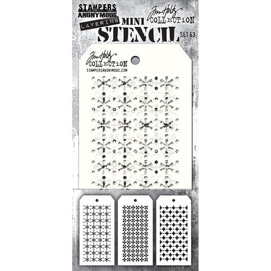 Set 63 - Mini Layering Stencils by Tim Holtz and Stampers Anonymous ... 3 (three) designs (one of each) : Retro Snowflake, Retro Diamond, Retro Pinwheel - Use to create patterns and textures to all kinds of mixed media, visual arts and paper crafts. Overall tag size is 8cm x 16cm  (THMS063).