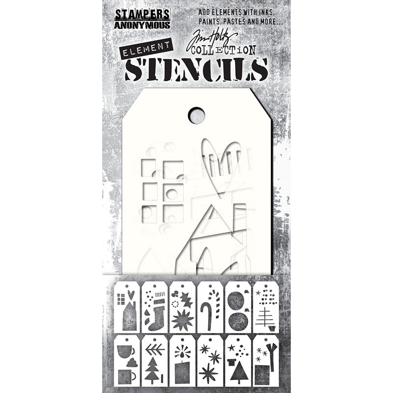 Festive Art - Elements Layering Stencils by Tim Holtz ... 12 (twelve) stencils, each approx 2 3/8" x 4 3/4" (6cm x 12cm) in size, and featuring a variety of wonderful shapes and designs for all kinds of creative making (THEST005).  Elements in this pack of Tim Holtz Layering Stencils include teacups, coffee mug, trees of varying kinds, house, hears, stars, candy canes in layers, stars, sparkles, basic shapes and much more.  
