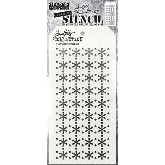 Retro Snowflake - Layering Stencil by Tim Holtz and Stampers Anonymous ... mixed media and visual arts masks for adding patterns and layers to creative makes using your favourite paints and mediums. Overall stencil is 4" x 8 1/2". THS190.

This Tim Holtz stencil features retro styled snowflakes surrounded by tiny spots in rows over the whole area of the stencil (4 snow flakes per row).