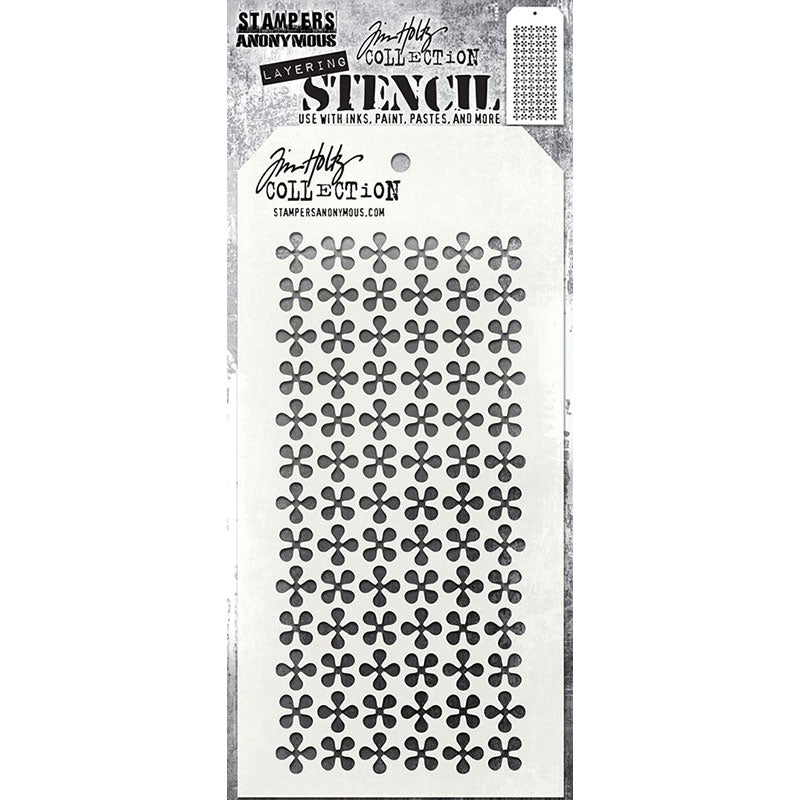 Retro Pinwheel - Layering Stencil by Tim Holtz and Stampers Anonymous ... mixed media and visual arts masks for adding patterns and layers to creative makes using your favourite paints and mediums. Overall stencil is 4" x 8 1/2". THS191. This Tim Holtz stencil features little flowers each with 4 rounded petals (pinwheels) in rows over the whole area of the stencil (6 pinwheels per row).