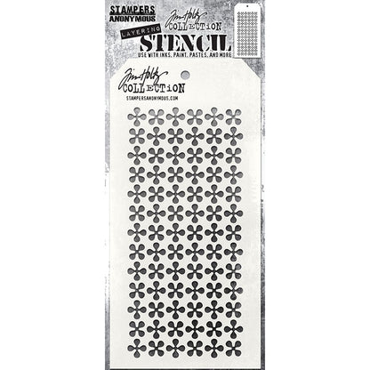 Retro Pinwheel - Layering Stencil by Tim Holtz and Stampers Anonymous ... mixed media and visual arts masks for adding patterns and layers to creative makes using your favourite paints and mediums. Overall stencil is 4" x 8 1/2". THS191. This Tim Holtz stencil features little flowers each with 4 rounded petals (pinwheels) in rows over the whole area of the stencil (6 pinwheels per row).