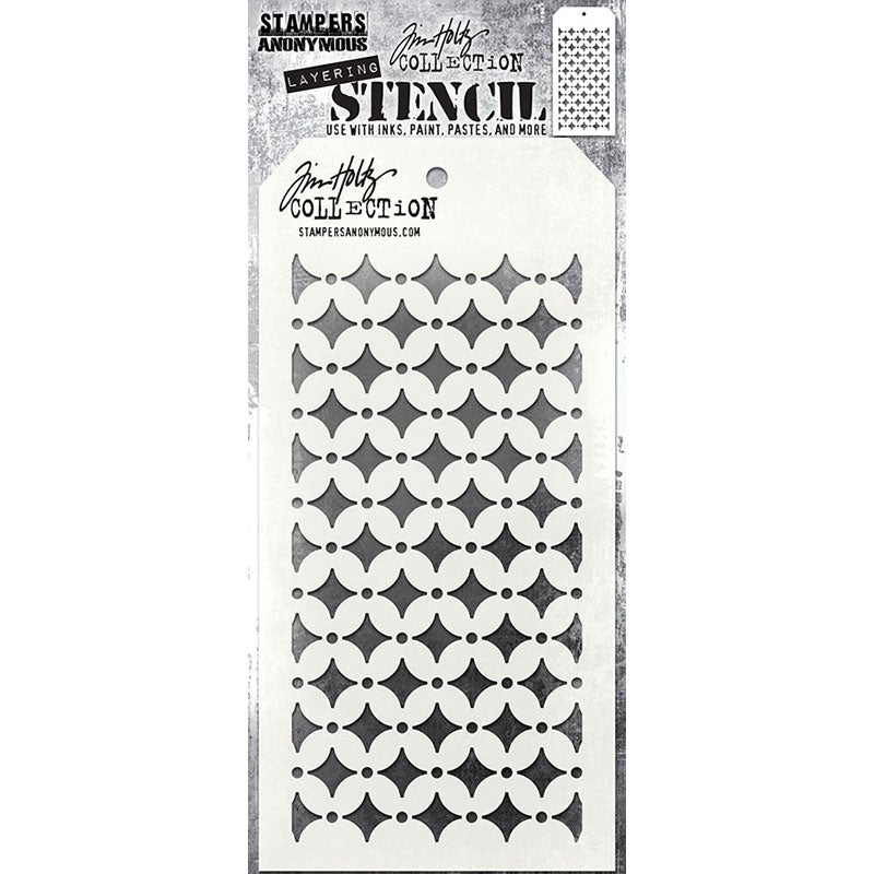 Retro Diamond - Layering Stencil by Tim Holtz and Stampers Anonymous ... mixed media and visual arts masks for adding patterns and layers to creative makes using your favourite paints and mediums. Overall stencil is 4" x 8 1/2". THS192. 
This Tim Holtz stencil features diamonds with retro styled curved sides in rows with each diamond divided by tiny spots.