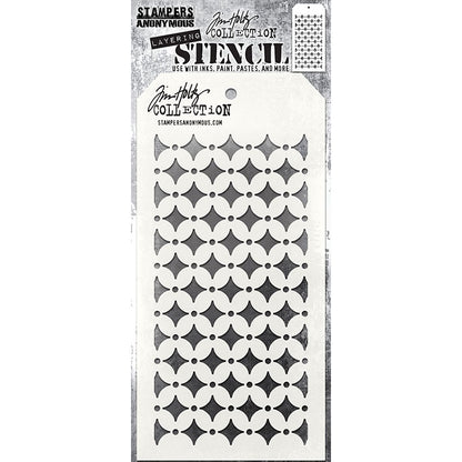 Retro Diamond - Layering Stencil by Tim Holtz and Stampers Anonymous ... mixed media and visual arts masks for adding patterns and layers to creative makes using your favourite paints and mediums. Overall stencil is 4" x 8 1/2". THS192. 
This Tim Holtz stencil features diamonds with retro styled curved sides in rows with each diamond divided by tiny spots.