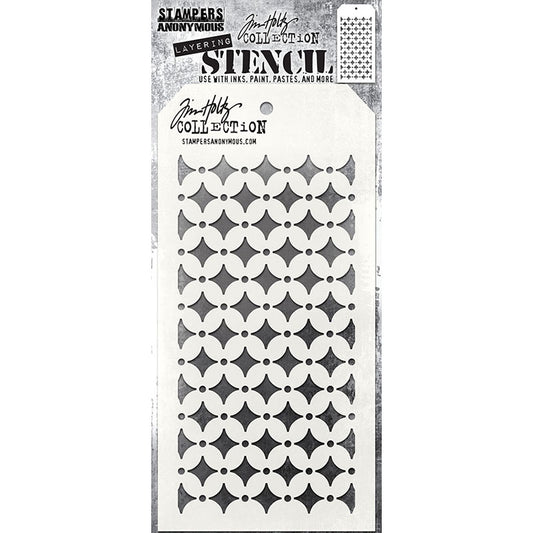 Retro Diamond - Layering Stencil by Tim Holtz and Stampers Anonymous ... mixed media and visual arts masks for adding patterns and layers to creative makes using your favourite paints and mediums. Overall stencil is 4" x 8 1/2". THS192. 
This Tim Holtz stencil features diamonds with retro styled curved sides in rows with each diamond divided by tiny spots.