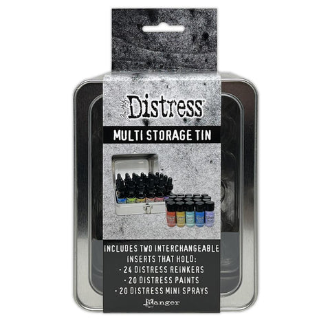 Distress Multi Purpose Storage Tin ... by Tim Holtz and Ranger - 1 (one) empty metal container with hinged lid and window. Stylish and stackable, holds a variety of essentials including Distress Paints, (glass) Reinkers, Mica (Mini) Sprays plus Dylusions Paints (bottles), Shimmer Paints, Shimmer Sprays and Dina Wakley MEdia Paints (bottles). Size is approx 6 3/4" x 5 1/8" x 4 1/4" deep. 