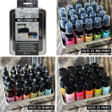 Distress Multi Purpose Storage Tin ... by Tim Holtz and Ranger - 1 (one) empty metal container with hinged lid and window. Stylish and stackable, holds a variety of essentials including Distress Paints, (glass) Reinkers, Mica (Mini) Sprays plus Dylusions Paints (bottles), Shimmer Paints, Shimmer Sprays and Dina Wakley MEdia Paints (bottles). Size is approx 6 3/4" x 5 1/8" x 4 1/4" deep.  The 3 examples are used with gratitude to Tim Holtz.