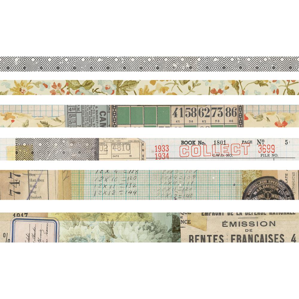 Collector Design Tape, 6 Rolls ... by Tim Holtz Idea-Ology - 6 (six) rolls of decorative adhesive paper tape in various widths, from 10mm to 20mm wide, each 6 yards (5.49 metres) long. 1 (one) of each roll (collaged vintage designs). TH93674 , vintage collaged designs including a square diamond border pattern, watercolour style floral foliage border, bingo card element, grid paper (graph paper), labels, stamped words, and more.