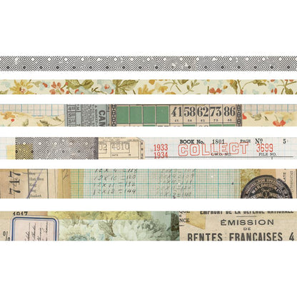 Collector Design Tape, 6 Rolls ... by Tim Holtz Idea-Ology - 6 (six) rolls of decorative adhesive paper tape in various widths, from 10mm to 20mm wide, each 6 yards (5.49 metres) long. 1 (one) of each roll (collaged vintage designs). TH93674 , vintage collaged designs including a square diamond border pattern, watercolour style floral foliage border, bingo card element, grid paper (graph paper), labels, stamped words, and more.