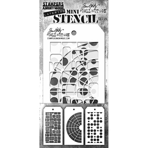 Set 59 - Mini Layering Stencils by Tim Holtz and Stampers Anonymous ... 3 (three) designs (one of each) : Labels, Wheel, Dots. Used to create patterns and textures to all kinds of mixed media, visual arts and paper crafts. Overall tag size is 8cm x 16cm (THMS059).