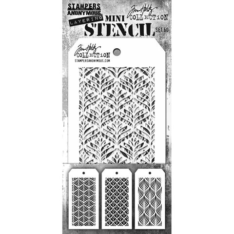 Set 60 - Mini Layering Stencils by Tim Holtz and Stampers Anonymous ... 3 (three) designs (one of each) : Deco Leaf, Deco Floral, Deco Feather. Used to create patterns and textures to all kinds of mixed media, visual arts and paper crafts. Overall tag size is 8cm x 16cm (THMS060). Symmetrical designs inspired by Art Deco leaves, flowers and feathers.
