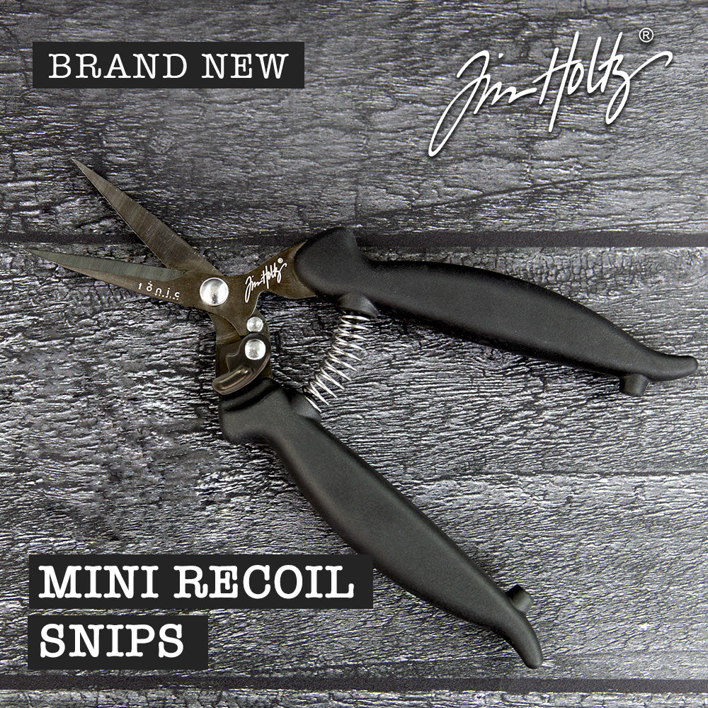 Recoil Snips, 7" Scissors - by Tim Holtz and Tonic Studios ... Titanium-coated, double-bevelled smooth sharp blades with customisable spring tension to provide a smooth precise cutting experience for both left and right handed crafters. A fusion of ingenuity plus innovation, Tim Holtz Recoil Scissors have features specifically designed for the maker (creators, crafters, artists). Image of an open pair of Tim Holtz Tonic Studios Recoil Snips (7" scissors).
