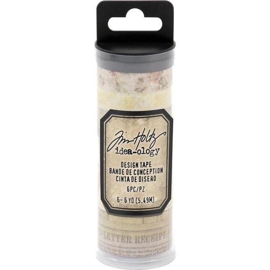 Packaging for Remnants Design Tape, 6 Rolls ... by Tim Holtz Idea-Ology - 6 (six) rolls of decorative adhesive paper tape in various widths, from 10mm to 20mm wide, each 6 yards (5.49 metres) long. 1 (one) of each design.  Add a touch of nostalgia to your books, artwork and planner pages with Tim Holtz Idea-Ology Design (washi) Tape in wonderful salvaged vintage designs of roses, patterns, postmarks, stationery and more. TH93671