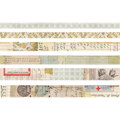 Salvaged Design Tape, 6 Rolls ... by Tim Holtz Idea-Ology - 6 (six) rolls of decorative adhesive paper tape in various widths, from 10mm to 20mm wide, each 6 yards (5.49 metres) long. 1 (one) of each roll (collaged vintage designs).

Add a touch of nostalgia to your books, artwork and planner pages with Tim Holtz Idea-Ology Design (washi) Tape in wonderful salvaged vintage cool toned colourways in designs of roses, writing, ledger, floral borders and more. TH93672