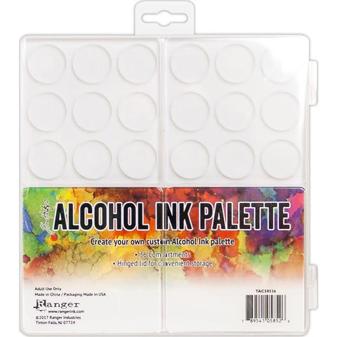 Ink and Paint Palette - 36 Wells ... by Tim Holtz and Ranger (part of the Distress and Alcohol Ink range) ... Ideal for storing your favourite colours of watercolour pencil shavings, Alcohol Inks, watercolour paints, Distress Inks and more. This white square palette (7 3/8" x 7 1/2" in size) has a clear hinged lid and stores up to 36 colours, one in each 1" wide x 2mm deep round inkwells.