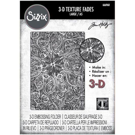 Engraved - Large, A5 (6in x 8.5in) ... 3D Texture Fades Embossing Folder ... by Tim Holtz and Sizzix (no.666960). Create dimensional embossed texture for cards, journal pages, bookmaking, book covers, papercrafts and visual creative arts.

This A5 (6" x 8 1/2", 15cm x 21.5cm) large embossing folder has a beautiful stylized scrollwork in fine details over the whole embossing folder. This versatile design will inspire you to create 