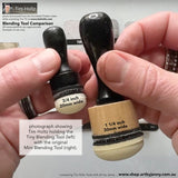 Photo of Tim Holtz holding the Tiny Blending Tool (left) and the Mini Blending Tool (right), showing size differences. All Tim Holtz Tools available at Art by Jenny in Australia. All measurements are approximate, this is a guide only.