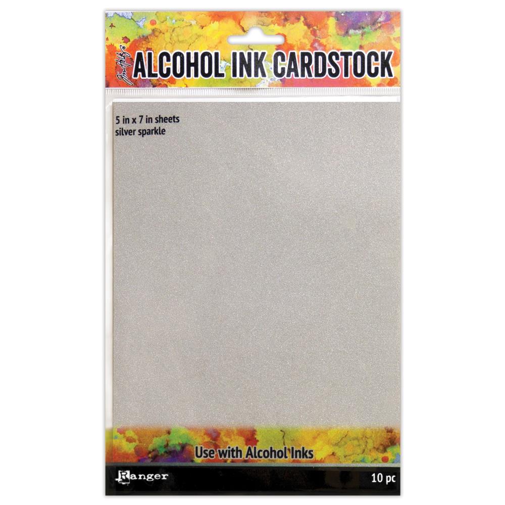 Silver Sparkle Cardstock - by Tim Holtz and Ranger ... a cool silver coloured cardstock with a subtle shine and sparkly effect with a smooth finish. Ideal as a base for alcohol ink painting or marbling, using for embossing, cardmaking, die cutting, mixed media and creative papercrafts. 10 (ten) sheets, 5" x 7" (127mm x 177mm) in size.

Tim Holtz Silver Sparkle Alcohol Ink Sheets are rectangle pieces of shimmering silver coated cardstock to use with Tim Holtz and Ranger alcohol inks and Distress mediums.