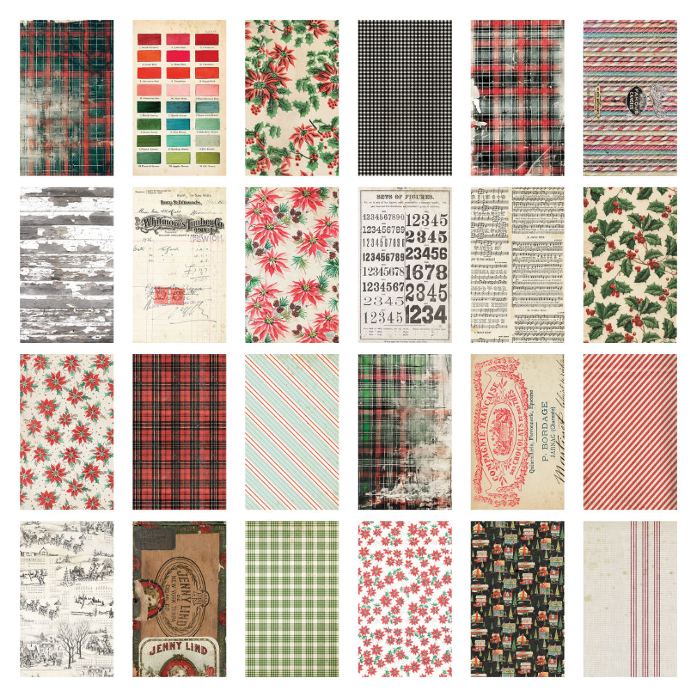 overview of Backdrops, Christmas 2025 - Idea-Ology by Tim Holtz ... a beautiful collection of salvaged designs and memorabilia, printed double sided on smooth matte paper. 24 sheets of double sided cardstock (48 designs) with a smooth finish. Sheet size is 6"x10". TH94443 This wonderful seasonal pack includes sheet poinsettia and holly, plaid backgrounds, rustic finds, crackled patterns, spots, writing, plaid or checker fabrics, scenes, swatches, festive houses, ledgers, box labels, sheet music and more.
