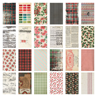 overview of Backdrops, Christmas 2025 - Idea-Ology by Tim Holtz ... a beautiful collection of salvaged designs and memorabilia, printed double sided on smooth matte paper. 24 sheets of double sided cardstock (48 designs) with a smooth finish. Sheet size is 6"x10". TH94443 This wonderful seasonal pack includes sheet poinsettia and holly, plaid backgrounds, rustic finds, crackled patterns, spots, writing, plaid or checker fabrics, scenes, swatches, festive houses, ledgers, box labels, sheet music and more.