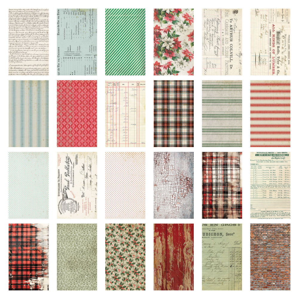 overview of Backdrops, Christmas 2025 - Idea-Ology by Tim Holtz ... a beautiful collection of salvaged designs and memorabilia, printed double sided on smooth matte paper. 24 sheets of double sided cardstock (48 designs) with a smooth finish. Sheet size is 6"x10". TH94443 This wonderful seasonal pack includes sheet poinsettia and holly, plaid backgrounds, rustic finds, crackled patterns, spots, writing, plaid or checker fabrics, scenes, swatches, festive houses, ledgers, box labels, sheet music and more.