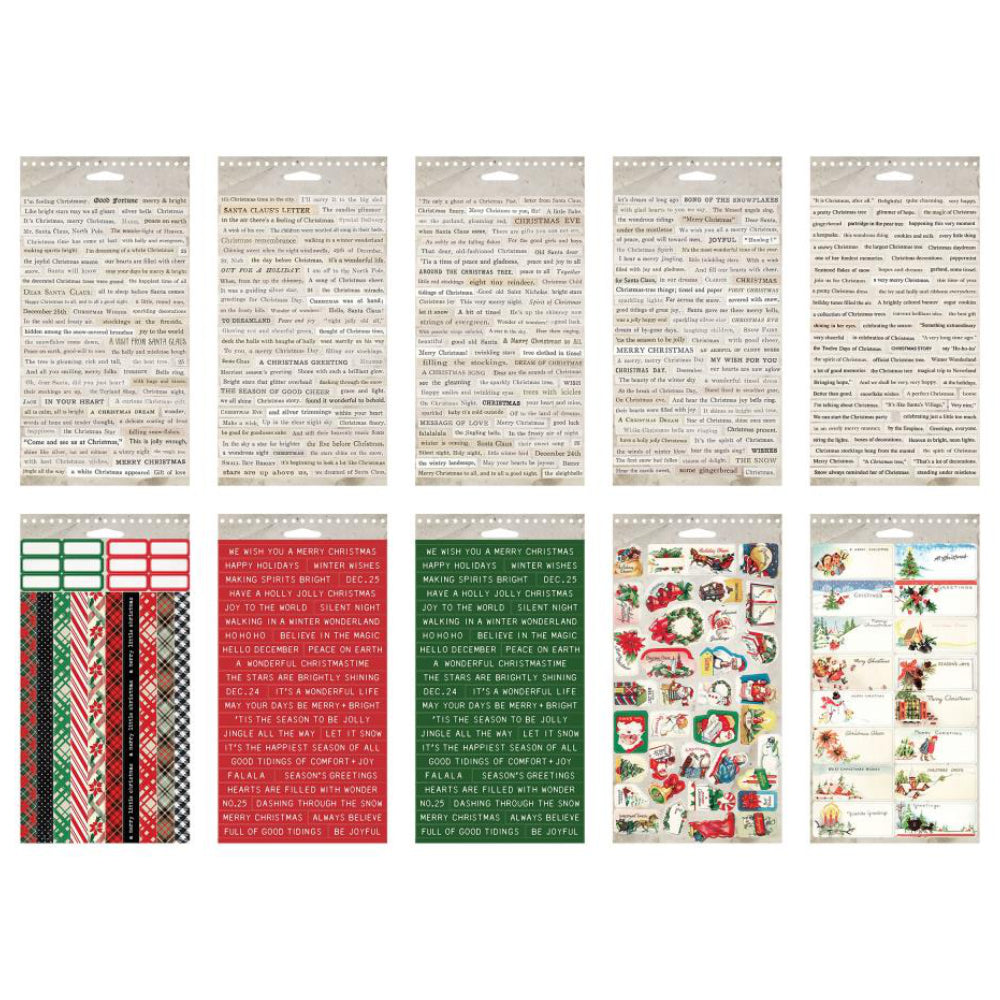 Christmas Sticker Book - 2025 ... Idea-Ology Stickers by Tim Holtz - 490 stickers featuring wonderful thoughts, snippets of songs, messages, decorative edges, imagery, labels and a huge selection of quotes, words and thoughts. 10 (ten) pages, one of each design.

This sticker book is filled with 490 adhesive backed, ready-cut designs in a wonderfully vintage style that is perfect for Christmas as well as handy all year round.