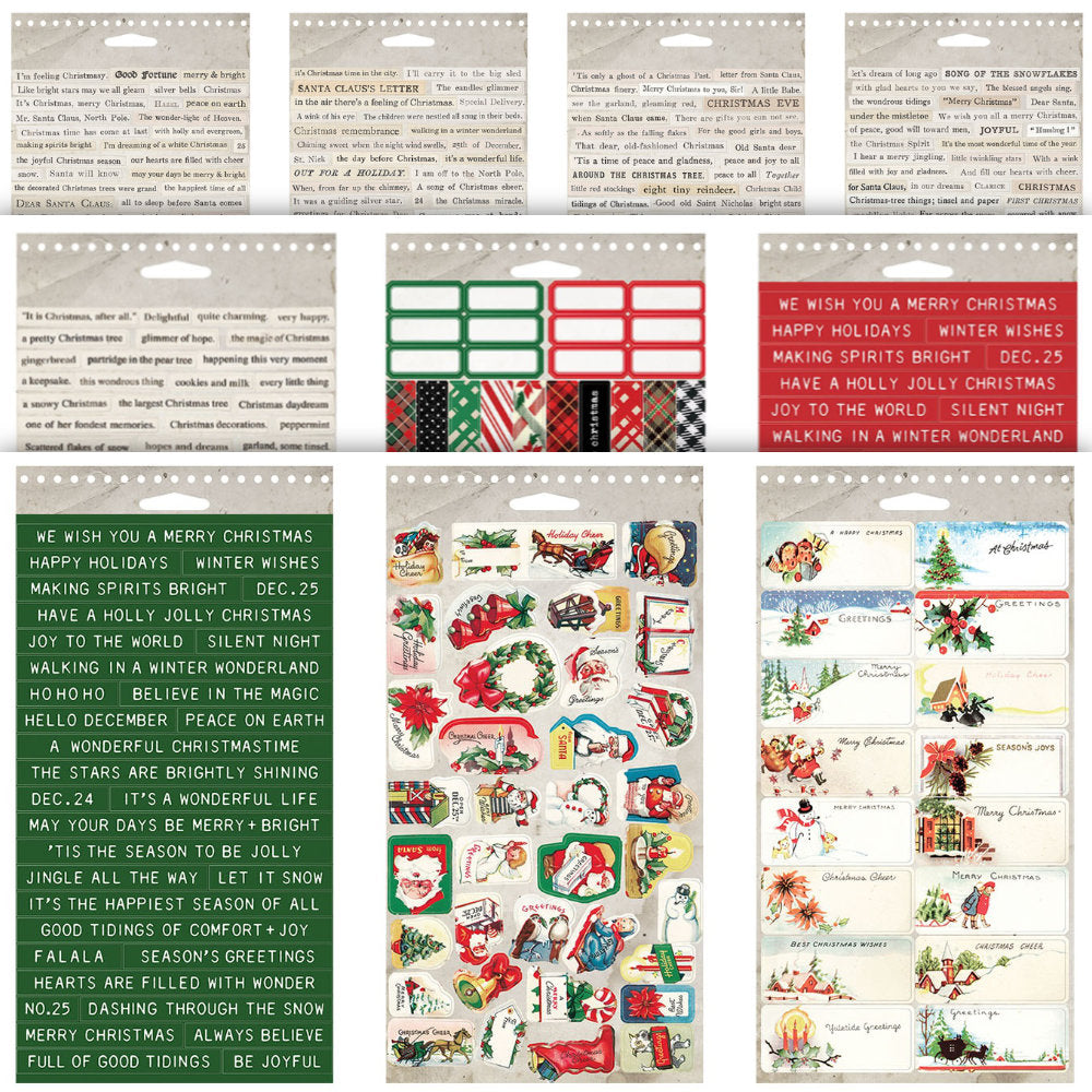 Christmas Sticker Book - 2025 ... Idea-Ology Stickers by Tim Holtz - 490 stickers featuring wonderful thoughts, snippets of songs, messages, decorative edges, imagery, labels and a huge selection of quotes, words and thoughts. 10 (ten) pages, one of each design.

This sticker book is filled with 490 adhesive backed, ready-cut designs in a wonderfully vintage style that is perfect for Christmas as well as handy all year round.