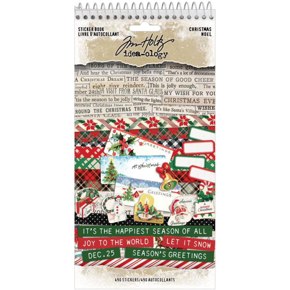 Christmas Sticker Book - 2025 ... Idea-Ology Stickers by Tim Holtz - 490 stickers featuring wonderful thoughts, snippets of songs, messages, decorative edges, imagery, labels and a huge selection of quotes, words and thoughts. 10 (ten) pages, one of each design.

This sticker book is filled with 490 adhesive backed, ready-cut designs in a wonderfully vintage style that is perfect for Christmas as well as handy all year round.