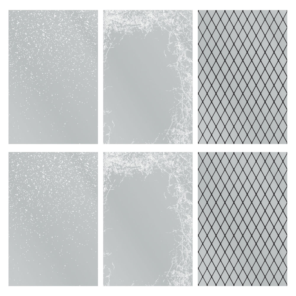 overview of Transparencies, Christmas Window Backdrops ... by Tim Holtz Idea-Ology - Transparent (clear) acetate printed with white wintery patterns and diagonal criss crossed lines to use for party decor, papercrafts, mixed media, cardmaking, assemblage projects, scrapbooking, journaling and visual arts. 6 (six) sheets, 3 designs, 2 of each. What looks grey is crystal clear,