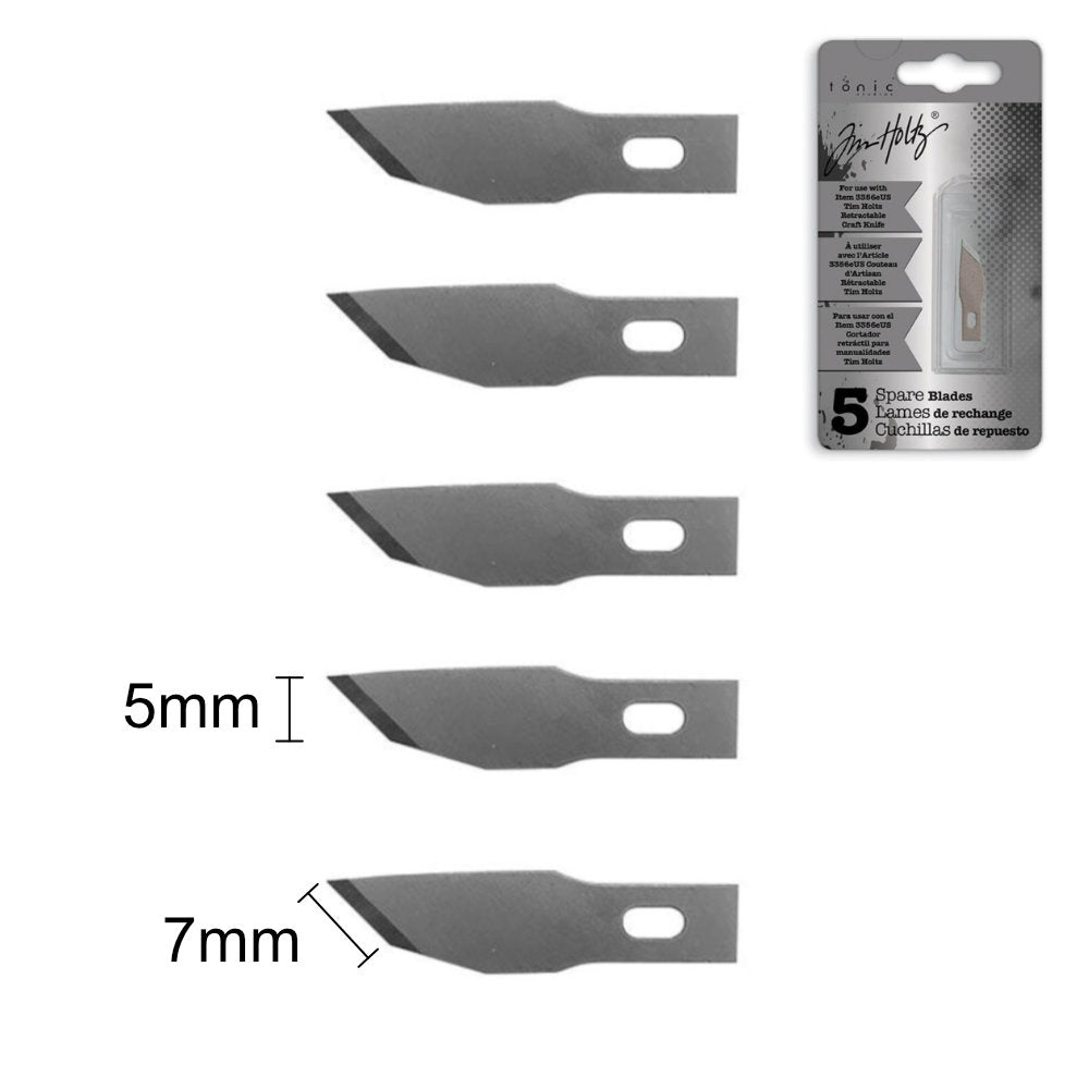 photo showing the sizes and shapes for Wide, 7mm cutting edge - Spare Blades (Refill no.3358EUS) - by  Tim Holtz by Tonic Studios ... to use with the Tim Holtz Retractable Craft Knife (no.3356E, not included, sold separately).   This is the pack contains 5 (five) spare blades and basic instructions on the back of the pack. These are very sharp, durable pointy, steel blades with a short triangular shape. The very sharp working edge is approx 7mm long.