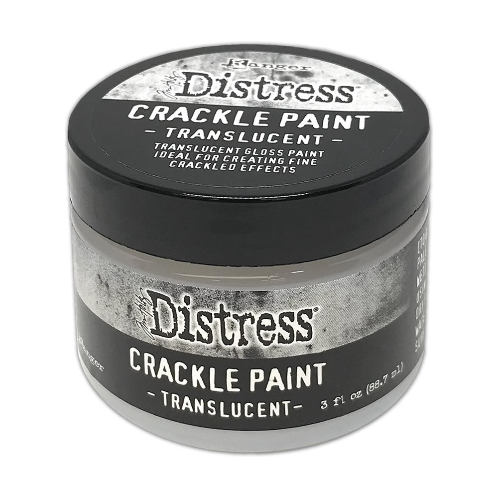 Crackle Paint, Translucent Gloss - Tim Holtz Distress - Dimensional Medium with crackled clear effects with a smooth hard shiny finish, 3fl oz (88.7ml) jar. Made by Ranger. TDC80411 . A smooth medium which levels out as it dries to a shiny enamel-like dimension (slightly raised) with crackled and crazing effects. It is best left to air dry naturally. For mixed media, papercrafts, scrapbooking, journaling, cardmaking, visual arts.