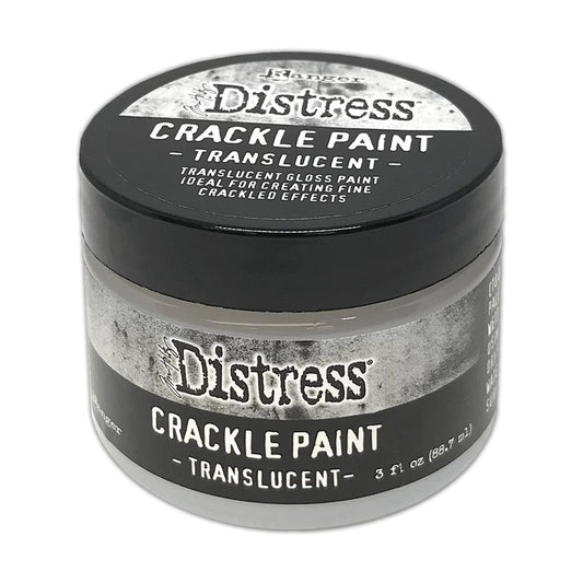 Crackle Paint, Translucent Gloss - Tim Holtz Distress - Dimensional Medium with crackled clear effects with a smooth hard shiny finish, 3fl oz (88.7ml) jar. Made by Ranger. TDC80411 . A smooth medium which levels out as it dries to a shiny enamel-like dimension (slightly raised) with crackled and crazing effects. It is best left to air dry naturally. For mixed media, papercrafts, scrapbooking, journaling, cardmaking, visual arts.