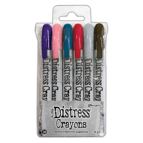 Distress Crayons - Set 16 ... by Tim Holtz and Ranger. 6 (six) colours (Villainous Potion, Saltwater Taffy, Uncharted Mariner, Lumberjack Plaid, Scorched Timber, Lost Shadow) of aquarelle pastels, watersoluble crayons in a twist-style barrel / holder with lid. One of each colour in a clear wallet for handy storage. 