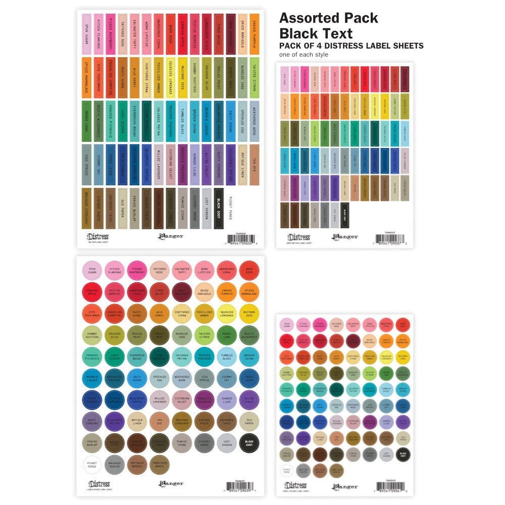 Image showing the Assorted 4-Pack with Black Text. Tim Holtz Distress® Labels are designed in two text colour styles (black or white) to suit your own needs or decor. Each text colour style is available in four designs - small round (for sprays, inside tins or palette trays), large round (for paints, embossing glazes), small rectangle (for mini ink pads, archival ink pads, pencils, crayons, inside storage tins), large rectangle (for regular sized ink pads, crayons). Available individually or assorted packs.