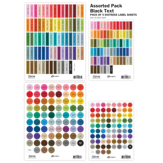 Image showing the Assorted 4-Pack with Black Text. Tim Holtz Distress® Labels are designed in two text colour styles (black or white) to suit your own needs or decor. Each text colour style is available in four designs - small round (for sprays, inside tins or palette trays), large round (for paints, embossing glazes), small rectangle (for mini ink pads, archival ink pads, pencils, crayons, inside storage tins), large rectangle (for regular sized ink pads, crayons). Available individually or assorted packs.