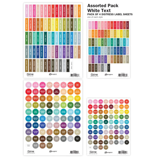Image showing the Assorted 4-Pack with White Text. Tim Holtz Distress® Labels are designed in two text colour styles (black or white) to suit your own needs or decor. Each text colour style is available in four designs - small round (for sprays, inside tins or palette trays), large round (for paints, embossing glazes), small rectangle (for mini ink pads, archival ink pads, pencils, crayons, inside storage tins), large rectangle (for regular sized ink pads, crayons). Available individually or assorted packs.