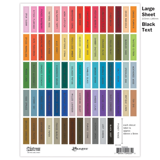 Image showing the Large Sheet of Rectangles with Black Text. Tim Holtz Distress® Labels are designed in two text colour styles (black or white) to suit your own needs or decor. Each text colour style is available in four designs - small round (for sprays, inside tins or palette trays), large round (for paints, embossing glazes), small rectangle (for mini ink pads, archival ink pads, pencils, crayons, inside storage tins), large rectangle (for regular sized ink pads, crayons). 