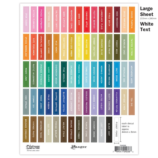 Image showing the Large Sheet of Rectangles with White Text. Tim Holtz Distress® Labels are designed in two text colour styles (black or white) to suit your own needs or decor. Each text colour style is available in four designs - small round (for sprays, inside tins or palette trays), large round (for paints, embossing glazes), small rectangle (for mini ink pads, archival ink pads, pencils, crayons, inside storage tins), large rectangle (for regular sized ink pads, crayons). 