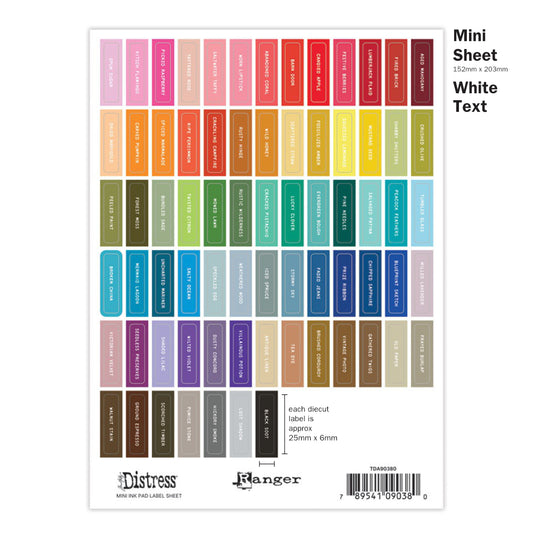 Image showing the Small Sheet of mini Rectangles with white Text. Tim Holtz Distress® Labels are designed in two text colour styles (black or white) to suit your own needs or decor. Each text colour style is available in four designs - small round (for sprays, inside tins or palette trays), large round (for paints, embossing glazes), small rectangle (for mini ink pads, archival ink pads, pencils, crayons, inside storage tins), large rectangle (for regular sized ink pads, crayons). 