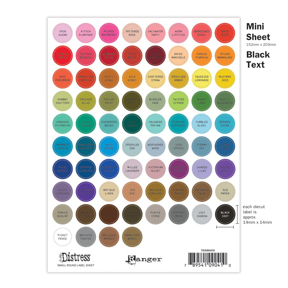 Image showing the Small Sheet of mini spots, circles with black Text. Tim Holtz Distress® Labels are designed in two text colour styles (black or white) to suit your own needs or decor. Each text colour style is available in four designs - small round (for sprays, inside tins or palette trays), large round (for paints, embossing glazes), small rectangle (for mini ink pads, archival ink pads, pencils, crayons, inside storage tins), large rectangle (for regular sized ink pads, crayons). 