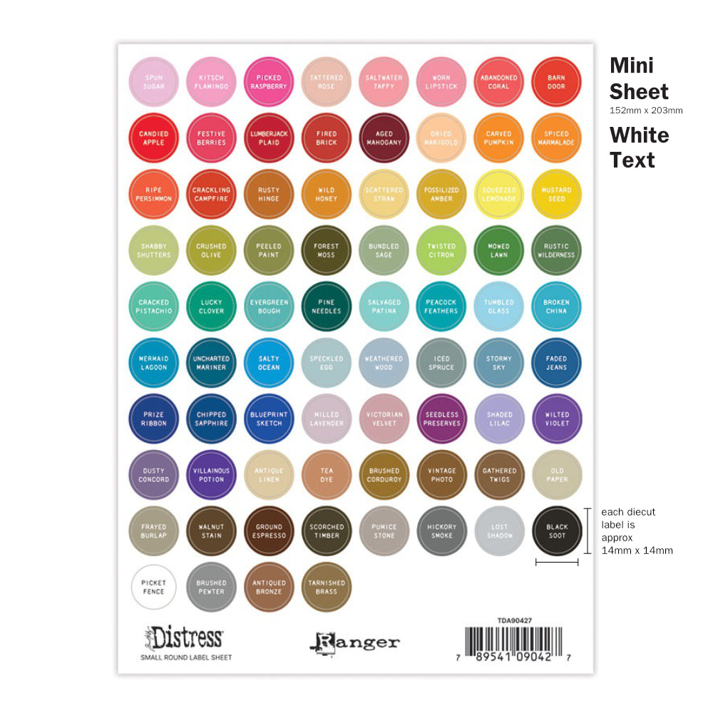 Image showing the Small Sheet of mini spots, circles with white Text. Tim Holtz Distress® Labels are designed in two text colour styles (black or white) to suit your own needs or decor. Each text colour style is available in four designs - small round (for sprays, inside tins or palette trays), large round (for paints, embossing glazes), small rectangle (for mini ink pads, archival ink pads, pencils, crayons, inside storage tins), large rectangle (for regular sized ink pads, crayons). 