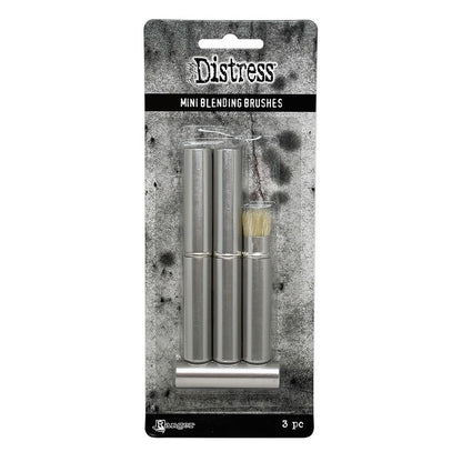 Mini Distress Blending Brush (3 pack) ... by Tim Holtz. Natural bristle brush with retractable silver coloured casing and lid. 3 (three) brushes.

Tim's fantastic retractable blending brush has been miniaturised for those smaller projects, finer details and intricate patterns on stencils, embossing folders, stamps and more.

The bristles are similar to the traditional stencil brush (rounded on the tip rather than flat, perfect for fine details) all encased in a silver coloured metal retractable cylinder. 