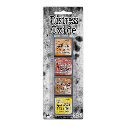 Mini Distress Oxide Ink Pads - Set 2 - by Tim Holtz and Ranger ... featuring water-reactive dye and pigment ink fusion that creates an oxidised effect when spattered, stamped, brushed and or sprayed with water. The colours are opaque and dry with a soft matte finish. Set of 4 (four) colours, one of each (TDIK91486). 
Colours in this set are ...
- Spiced Marmalade
- Crackling Campfire
- Rusty Hinge
- Mustard Seed
... one of each colour.