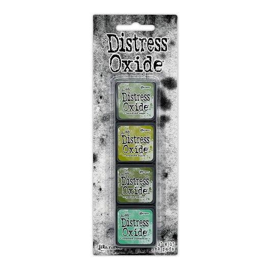 Mini Distress Oxide Ink Pads - Set 3 - by Tim Holtz and Ranger ... featuring water-reactive dye and pigment ink fusion that creates an oxidised effect when spattered, stamped, brushed and or sprayed with water. The colours are opaque and dry with a soft matte finish. Set of 4 (four) colours, one of each (TDIK91493). 
Colours in this set are ...
- Bundled Sage
- Crushed Olive
- Peeled Paint
- Cracked Pistachio
... one of each colour.