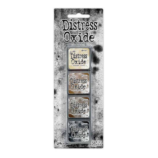 Mini Distress Oxide Ink Pads - Set 6 - by Tim Holtz and Ranger ... featuring water-reactive dye and pigment ink fusion that creates an oxidised effect when spattered, stamped, brushed and or sprayed with water. The colours are opaque and dry with a soft matte finish. Set of 4 (four) colours, one of each (TDIK91523).

Colours in this set are ...
- Antique Linen
- Vintage Photo
- Walnut Stain
- Black Soot
... one of each colour.
