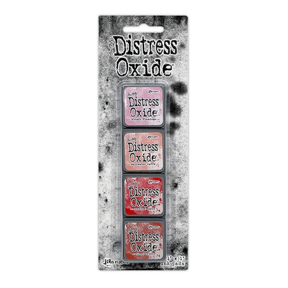 Mini Distress Oxide Ink Pads - Set 7 - by Tim Holtz and Ranger ... featuring water-reactive dye and pigment ink fusion that creates an oxidised effect when spattered, stamped, brushed and or sprayed with water. The colours are opaque and dry with a soft matte finish. Set of 4 (four) colours, one of each (TDIK91530).

Colours in this set are ...
- Kitsch Flamingo
- Saltwater Taffy
- Candied Apple
- Fired Brick
... one of each colour.