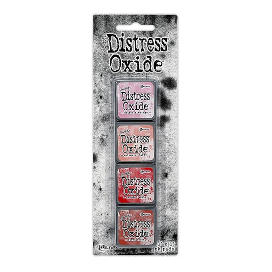 Mini Distress Oxide Ink Pads - Set 7 - by Tim Holtz and Ranger ... featuring water-reactive dye and pigment ink fusion that creates an oxidised effect when spattered, stamped, brushed and or sprayed with water. The colours are opaque and dry with a soft matte finish. Set of 4 (four) colours, one of each (TDIK91530).

Colours in this set are ...
- Kitsch Flamingo
- Saltwater Taffy
- Candied Apple
- Fired Brick
... one of each colour.