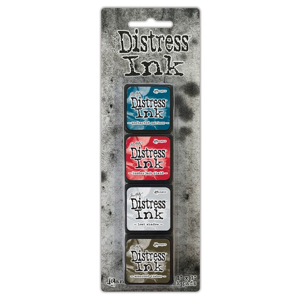 Mini Distress Ink Pads, Set no. 18 ... 4 (four) colours in this kit are Uncharted Mariner, Lumberjack Plaid, Lost Shadow, Scorched Timber - by Tim Holtz and Ranger.  Ranger's Tim Holtz Mini Distress Ink Pads feature the same unique, waterbased dye ink formula used in the full size pads (also available, sold separately), but in a convenient and compact, stackable cube.