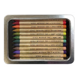 Woodless Watercolour Pencils in Distress colours, set 4 ... by Tim Holtz and Ranger. 12 (twelve) woodless watercolour pencils in Saltwater Taffy, Festive Berries, Carved Pumpkin, Scattered Straw, Shabby Shutters, Mowed Lawn, Evergreen Bough, Chipped Sapphire, Victorian Velvet, Wilted Violet, Tea Dye, Ground Espresso. One of each colour, approx 5" long. Photo of the tin viewing through the window.