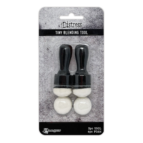 Tiny Blending Tools, Distress ... by Tim Holtz and Ranger - Little ergonomic wooden handles with hook-loop fastening system to use with Ranger Tiny Domed Blending Foams (also available, sold separately). Pack contains 2 handles and 4 tiny domed foams (round pads are 3/4" (20mm) wide x 3/8" (8mm) thick.).  The Ranger Distress Tiny Blending Tool is small however it is easy to hold, as a smooth finish and is well balanced for use. 